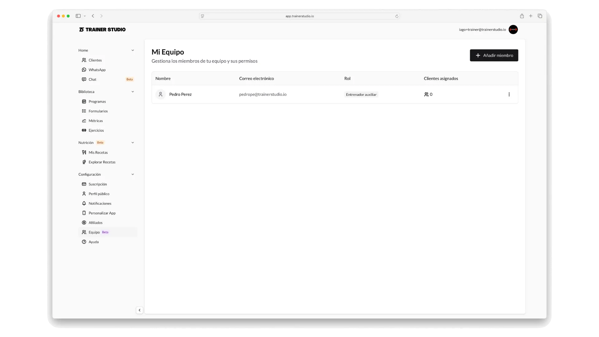Gestión de equipos en TrainerStudio