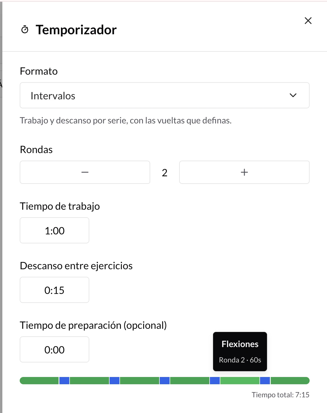 Panel lateral del temporizador del coach con formato Intervalos, rondas, tiempo de trabajo, descanso entre ejercicios, preparación y barra de tiempo