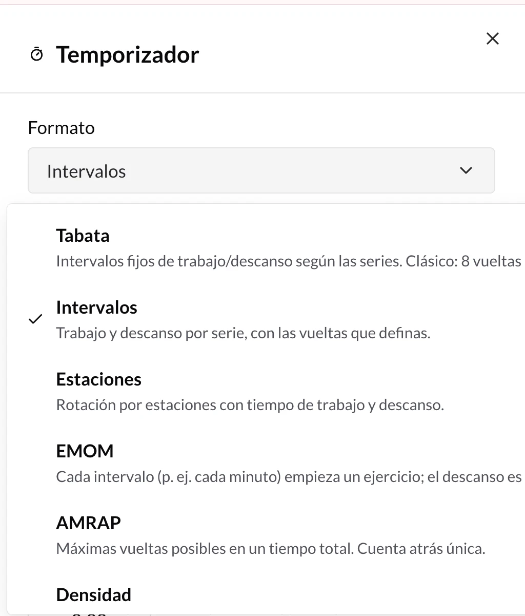 Selector de formato de circuito abierto: Tabata, Intervalos, EMOM, AMRAP, Por tiempo… cada uno con su descripción