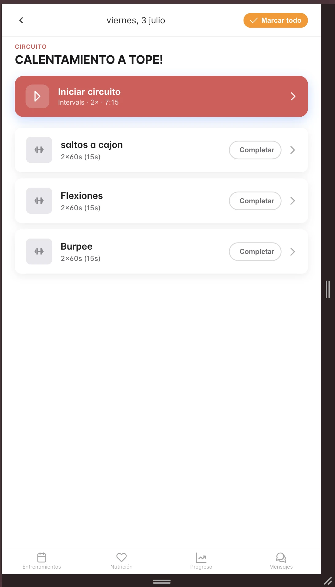 Tarjeta de circuito en la app del cliente con el botón 'Iniciar circuito'