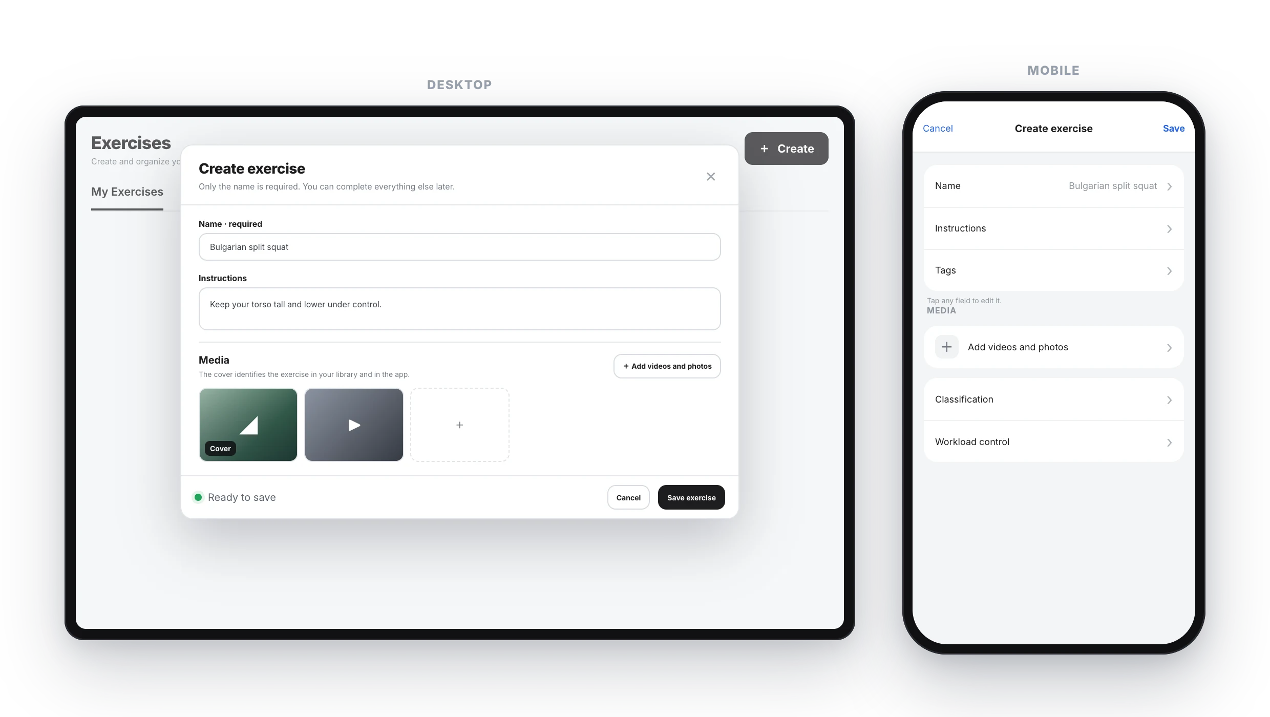 TrainerStudio's new Create exercise dialog on desktop and its section-based mobile version