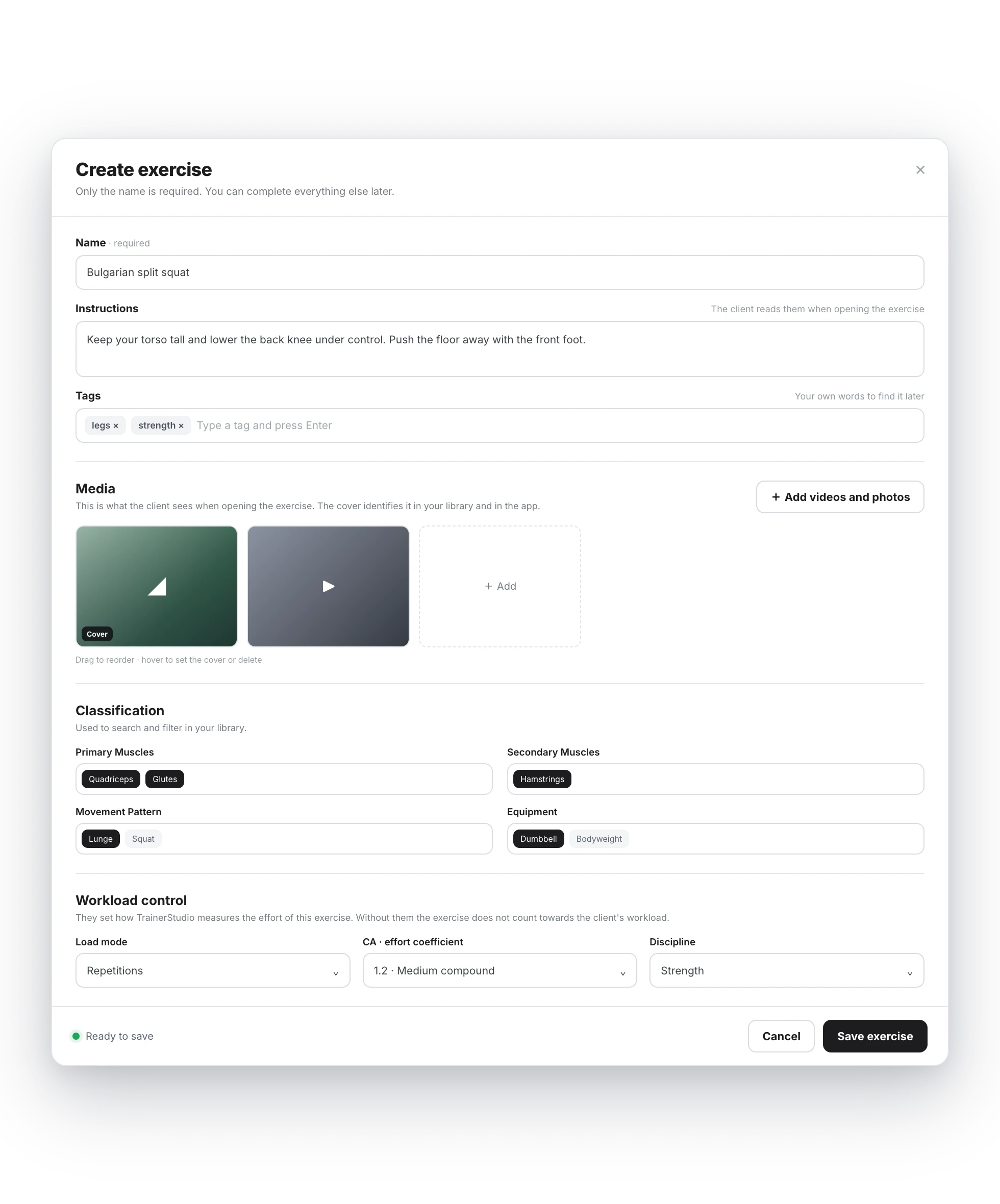 Complete Create exercise dialog with name, instructions, tags, media, classification, workload control, and the Ready to save status