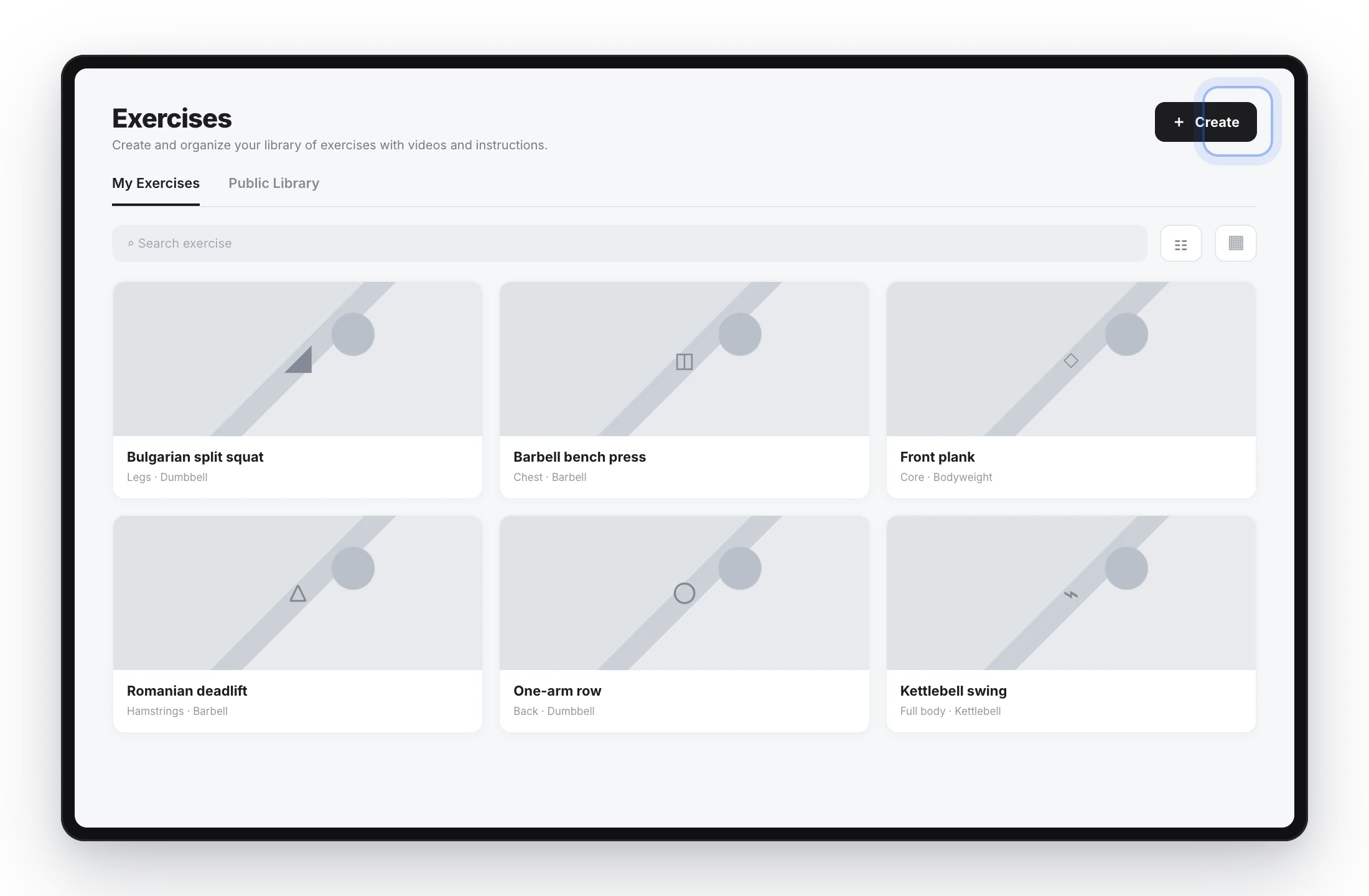 TrainerStudio exercise library with the Create button highlighted in the top-right corner