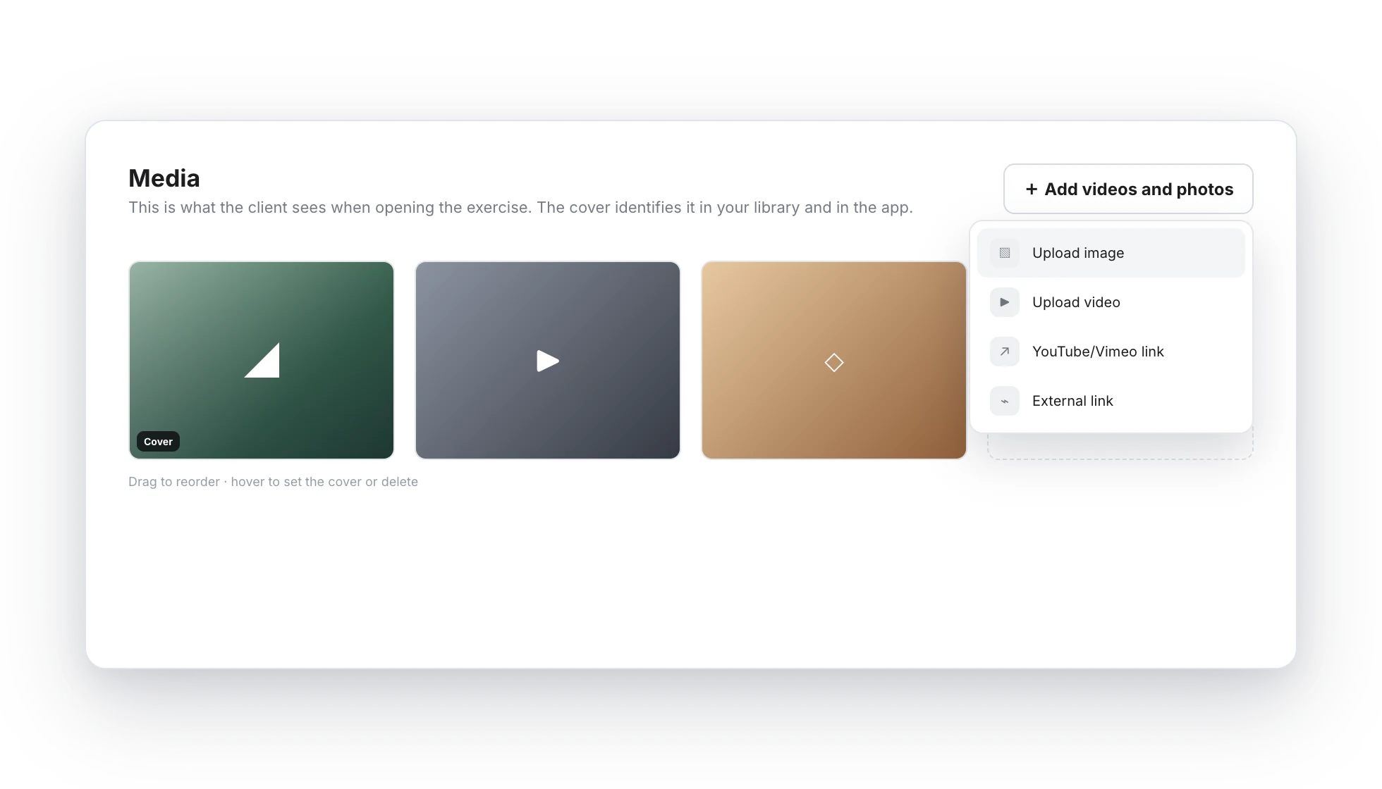 Media section of the Create exercise dialog with images, a video, a cover, and the Add videos and photos menu open