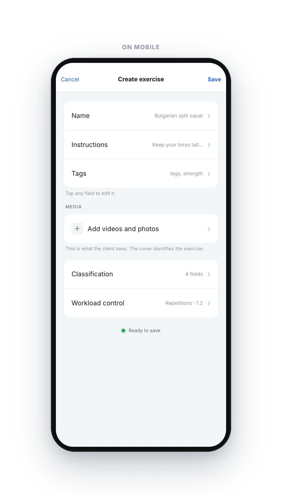 Mobile Create exercise screen with rows for Name, Instructions, Tags, Media, Classification, and Workload control