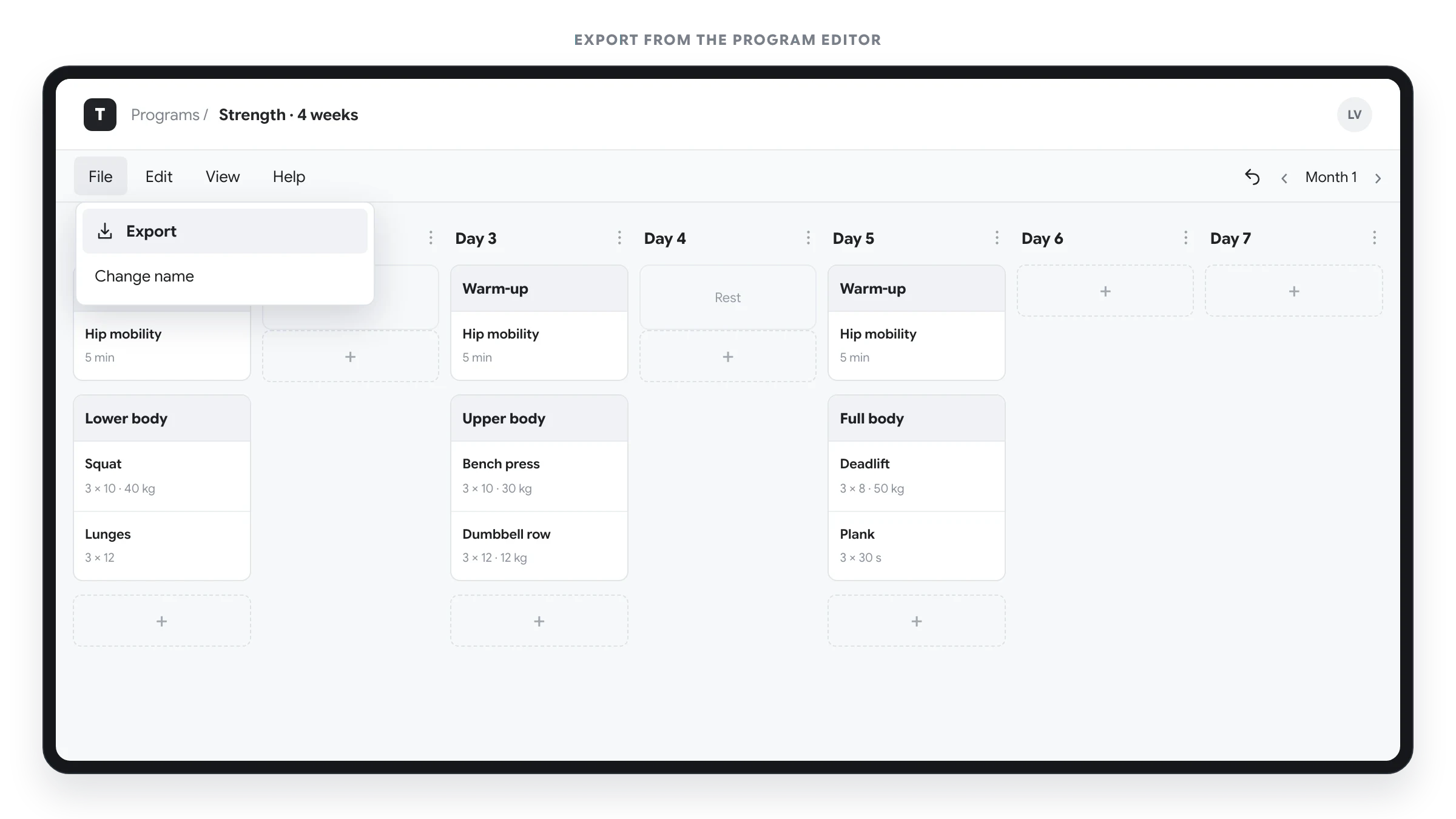 Program menu showing the Export action