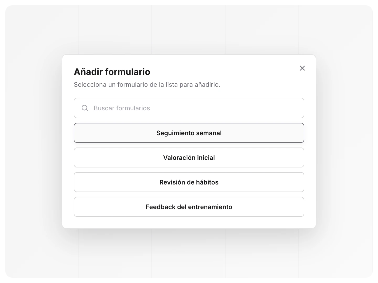 Ventana Añadir formulario con un buscador y los formularios de la biblioteca
