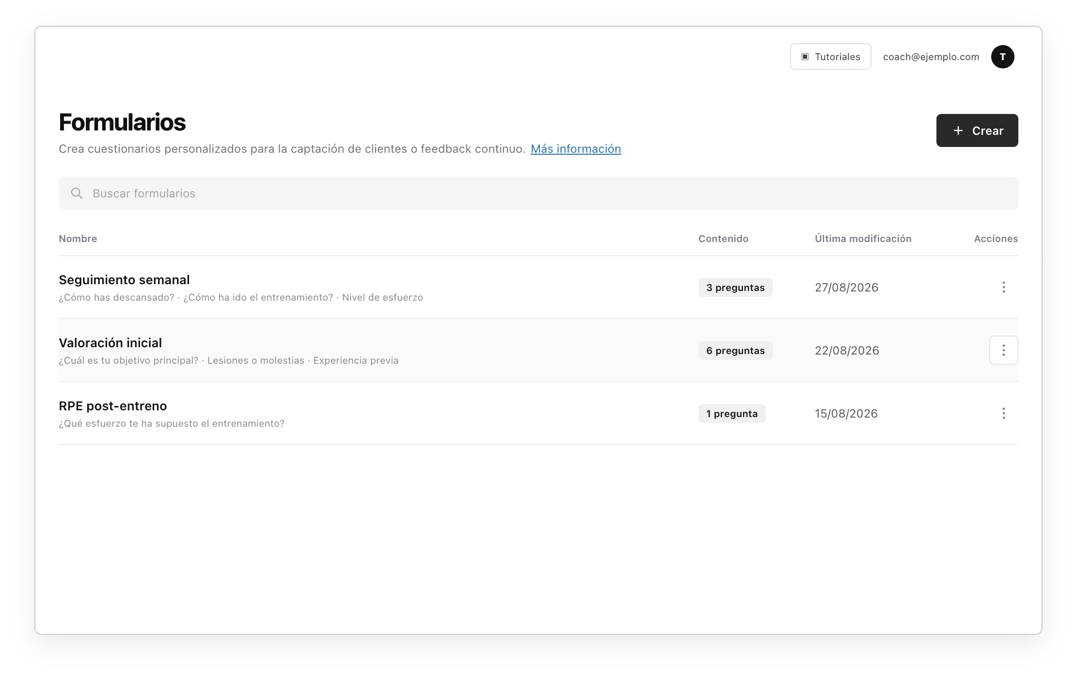 Biblioteca de formularios con buscador, número de preguntas, fecha de modificación y acciones para cada formulario