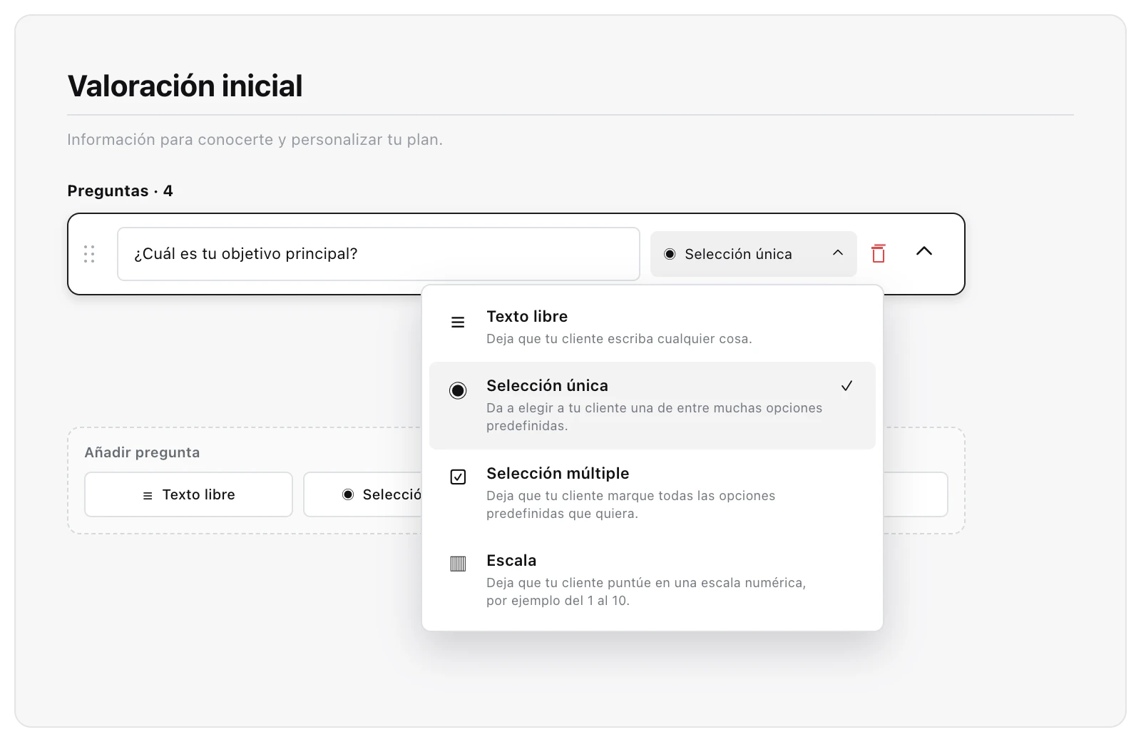 Editor de un check-in semanal con preguntas de escala, selección única, selección múltiple y texto libre