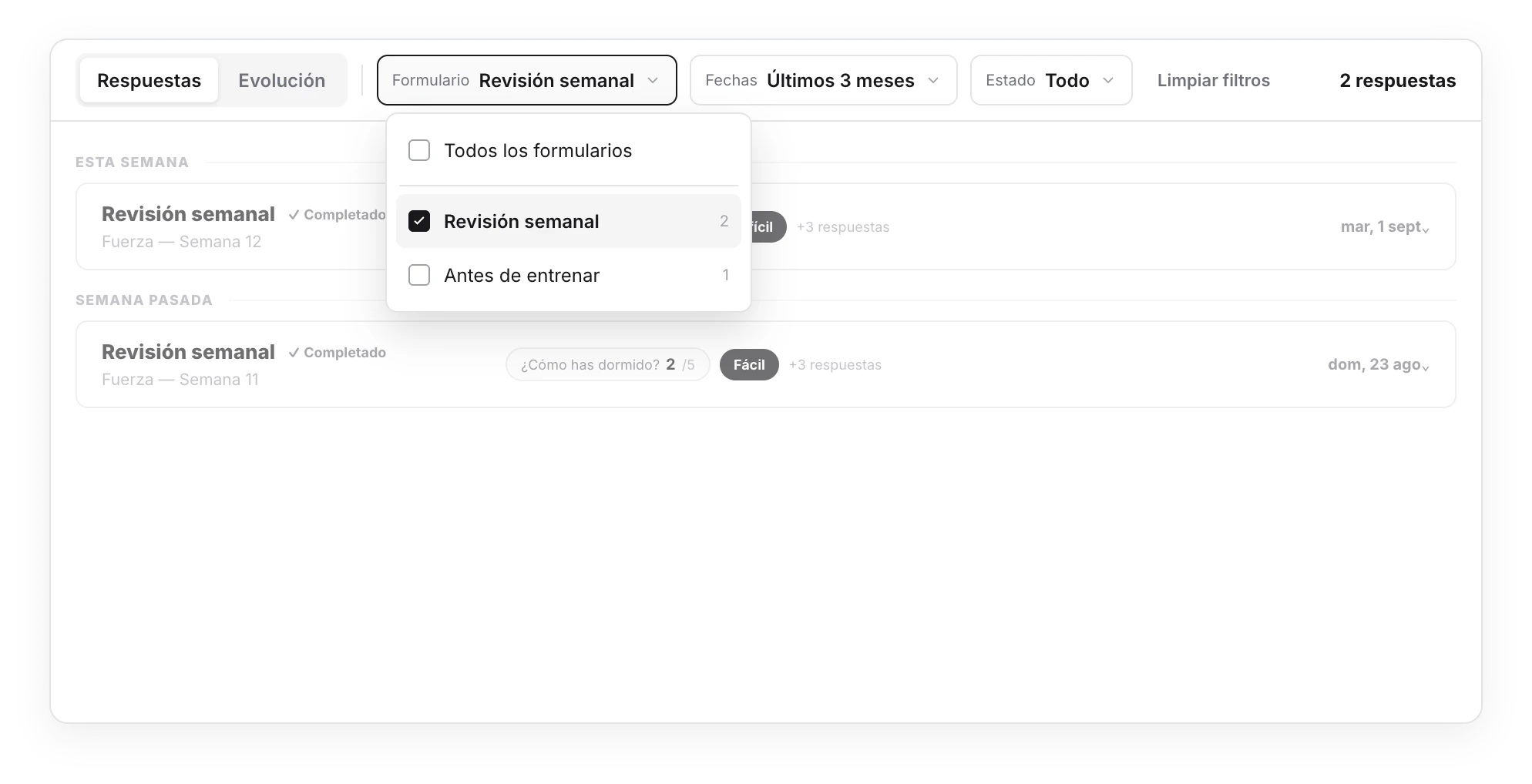 Filtros de respuestas con el selector de formularios abierto y filtros activos de fechas y estado