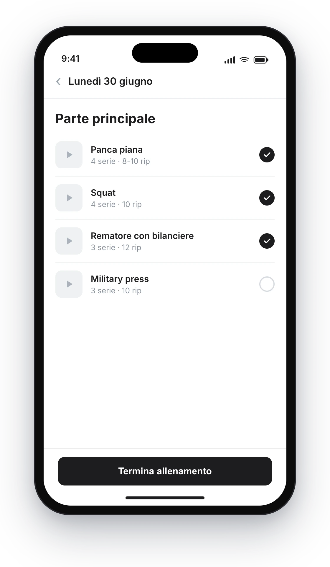 App del cliente: l'elenco degli esercizi del giorno con la barra inferiore fissa «Termina allenamento»
