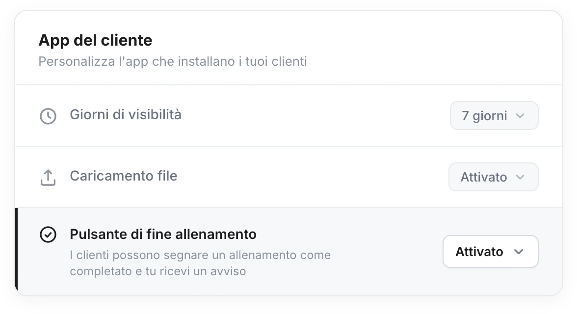 Impostazioni → App del cliente: la riga «Pulsante termina allenamento» con un selettore impostato su Attivato