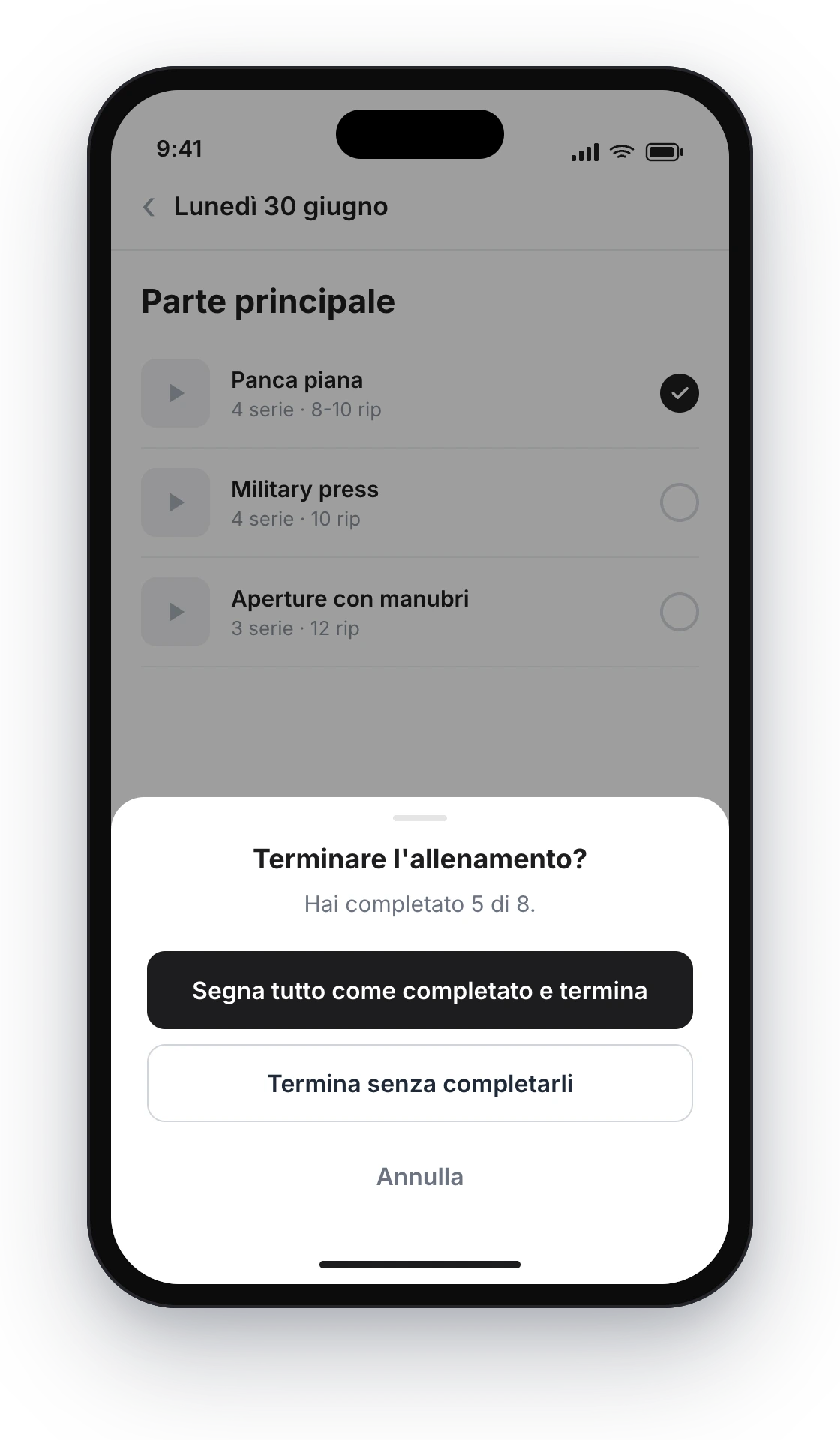 Foglio inferiore «Terminare l'allenamento?» con «Hai completato 5 di 8» e i pulsanti «Segna tutto come completato e termina», «Termina senza completarli» e «Annulla»