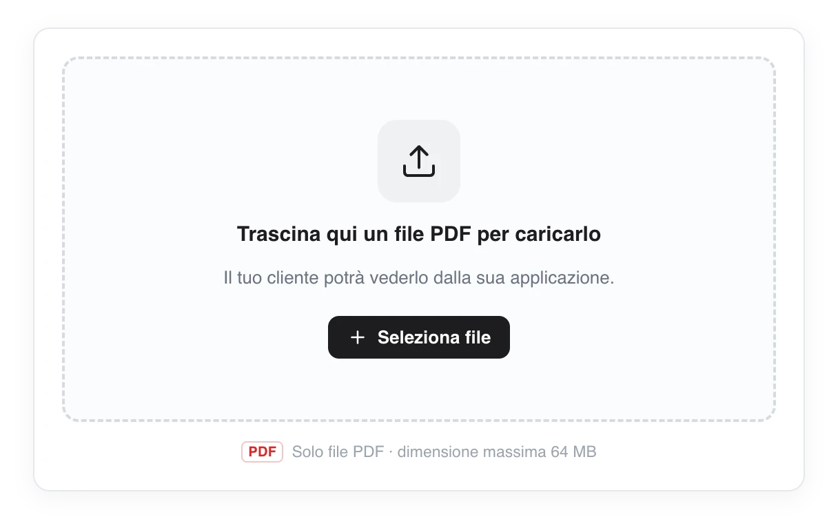 Zona per caricare un PDF di nutrizione: riquadro per trascinare il file con il testo Trascina qui un file PDF per caricarlo e la nota che il cliente potrà vederlo dalla sua app