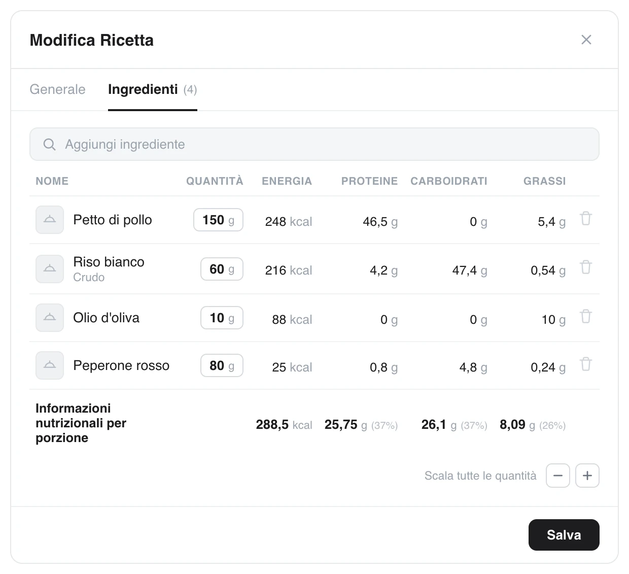 Finestra di modifica ricetta del coach: schede Generale e Ingredienti, elenco degli ingredienti con i loro grammi e le informazioni nutrizionali per porzione calcolate automaticamente