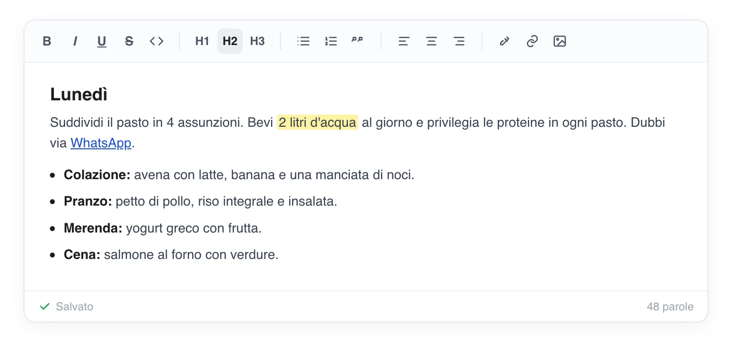 Editor di testo di nutrizione del coach: barra di formattazione (grassetto, corsivo, titoli, elenchi, evidenziazione, link, immagine) sopra un menu settimanale scritto con formattazione