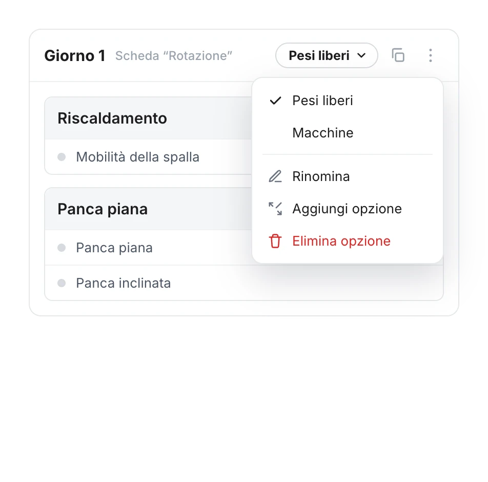 Intestazione di un giorno con un menu a tendina di opzioni aperto: Pesi liberi (attiva) e Macchine, più Rinomina, Aggiungi opzione ed Elimina opzione; sotto, i blocchi dell'opzione attiva