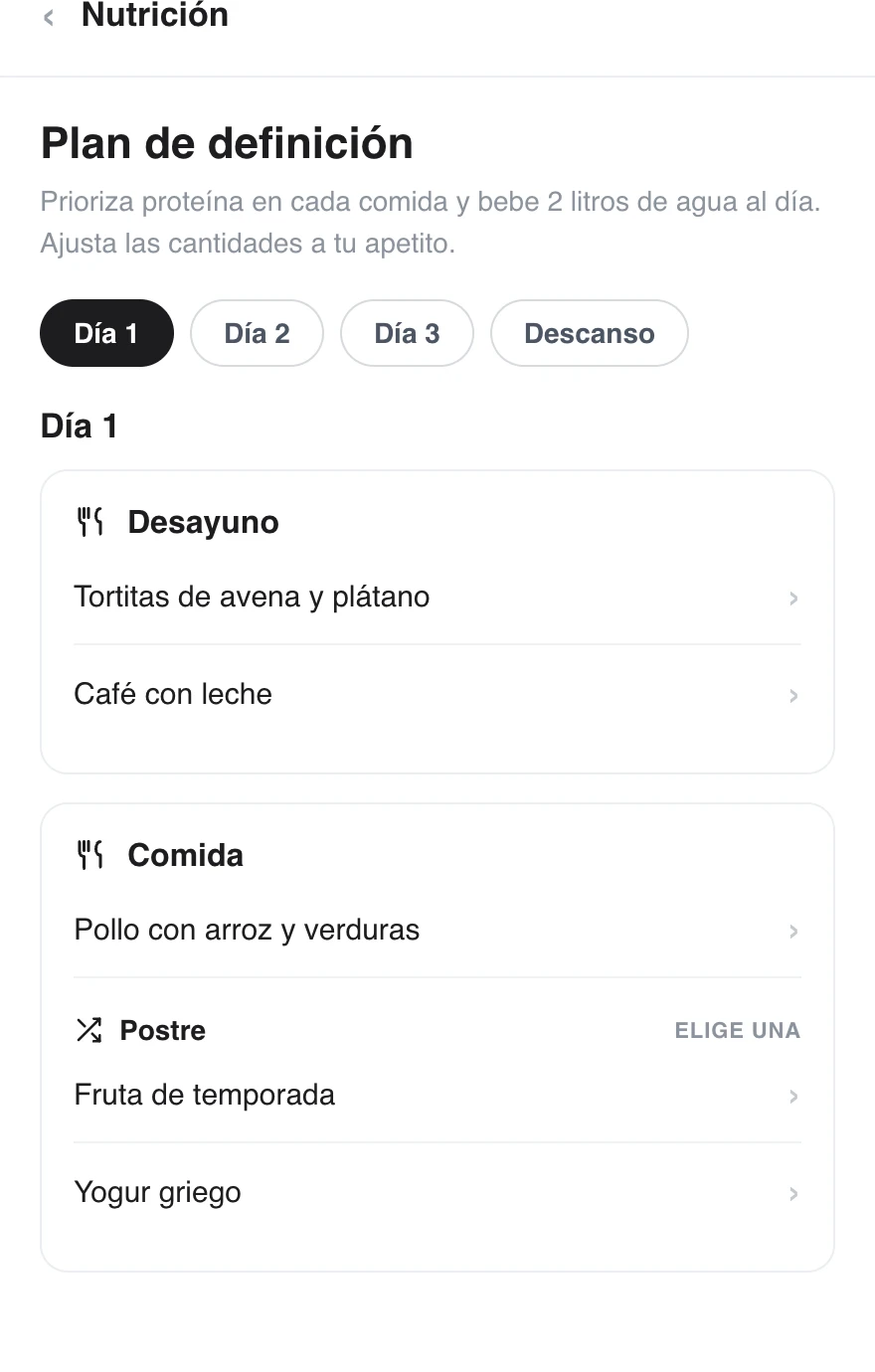 App del cliente: nombre y descripción del plan, pestañas de días, bloques de comida con sus recetas y un grupo de opciones para elegir