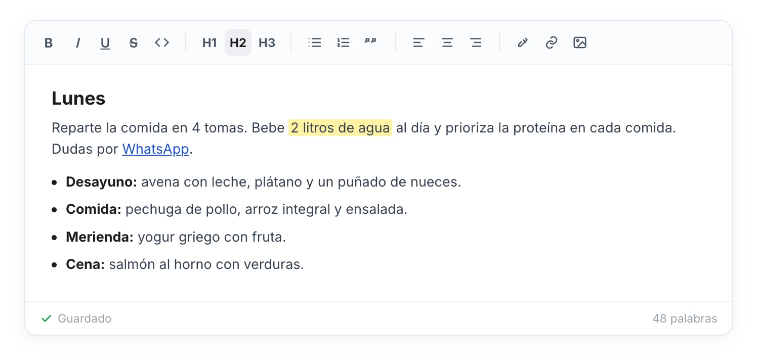 Editor de texto de nutrición del coach: barra de formato (negrita, cursiva, títulos, listas, resaltado, enlaces, imagen) sobre un menú semanal escrito con formato