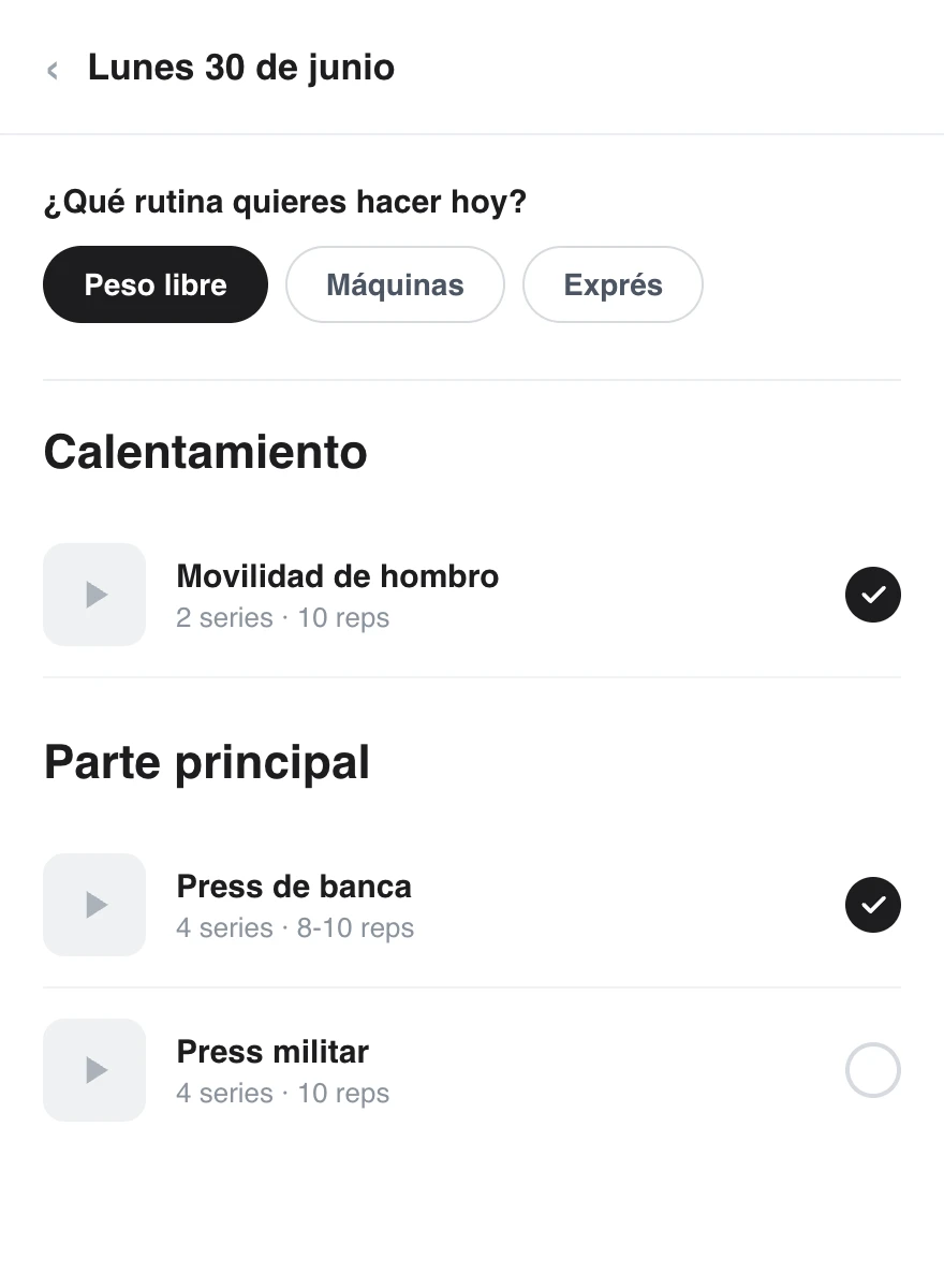 App del cliente: la pregunta ¿Qué rutina quieres hacer hoy? con Peso libre seleccionada, y debajo sus dos bloques: Calentamiento y Parte principal