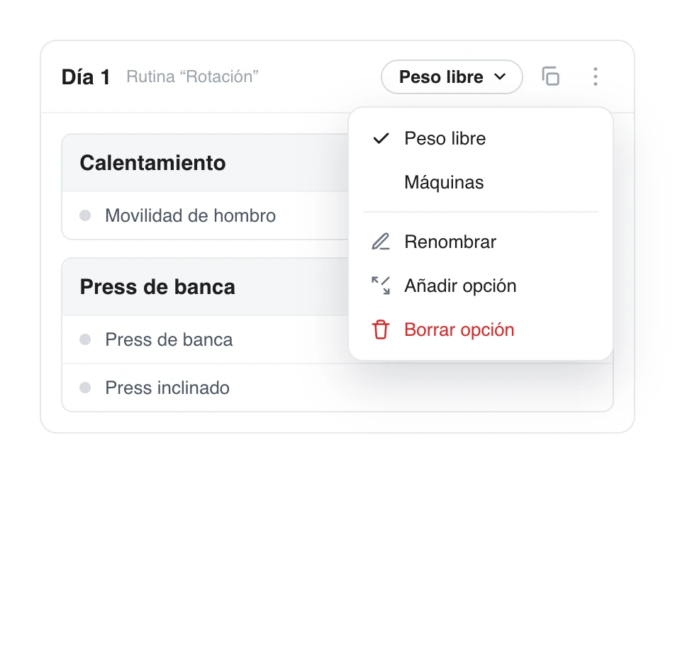 Cabecera de un día con un desplegable de opciones abierto: Peso libre (activa) y Máquinas, más Renombrar, Añadir opción y Borrar opción; debajo, los bloques de la opción activa