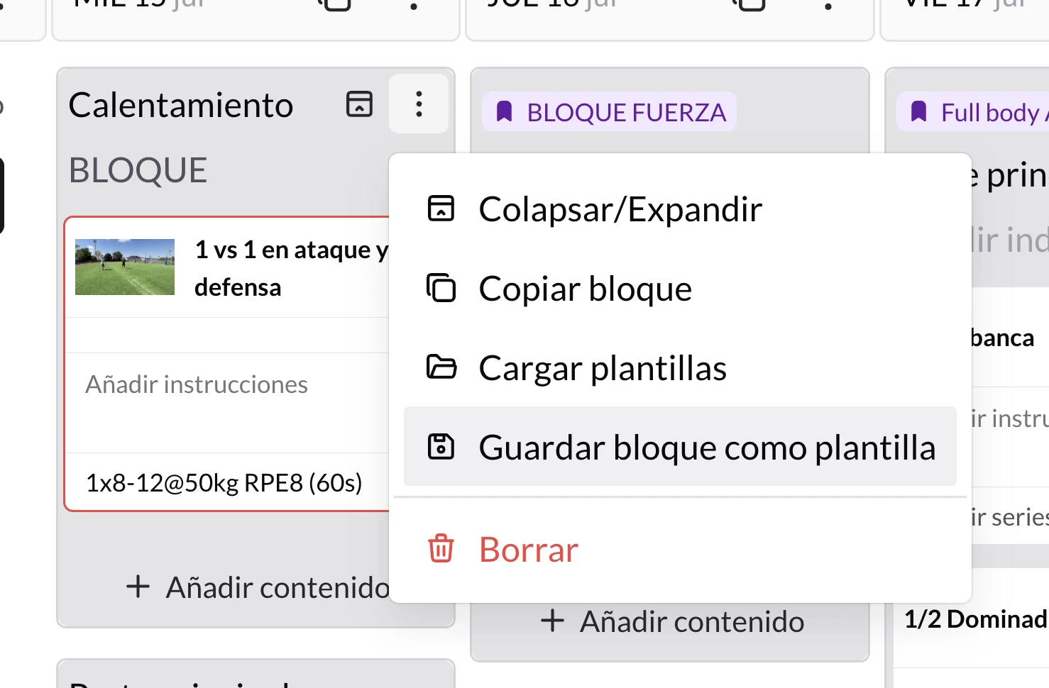 Menú de un bloque abierto con la opción «Guardar bloque como plantilla»