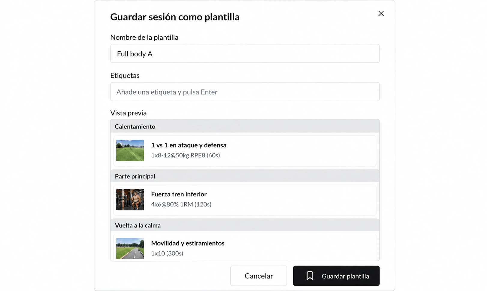 Menú de un día con «Guardar sesión como plantilla» y panel lateral para nombrar la plantilla, añadir etiquetas y revisar los bloques