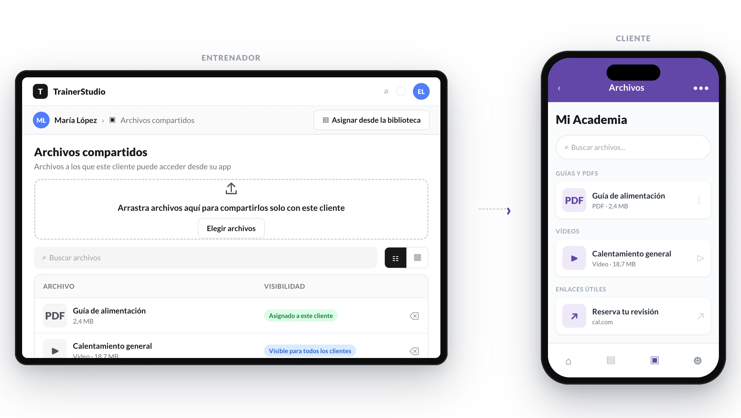 A la izquierda, la ficha de una clienta con sus archivos compartidos; a la derecha, la sección Academia de su app con los archivos que puede consultar