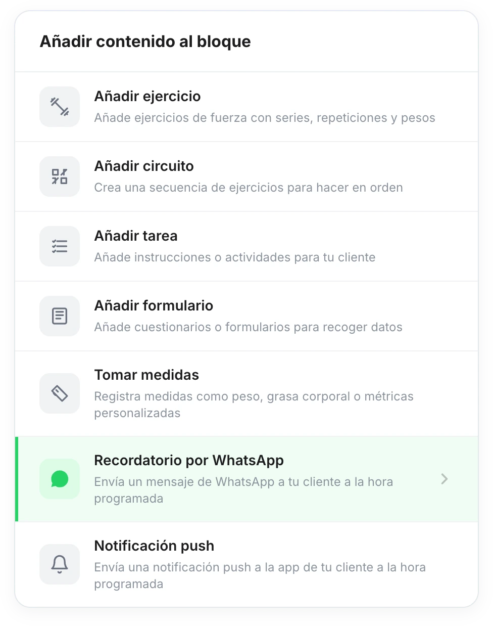 Panel «Añadir contenido al bloque» con la opción «Recordatorio por WhatsApp» resaltada, entre «Tomar medidas» y «Notificación push»