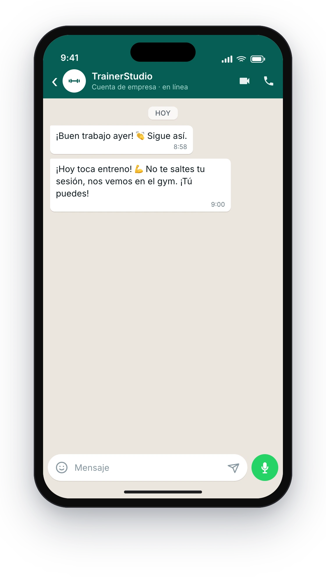 Chat de WhatsApp en el móvil del cliente con la cabecera «TrainerStudio» y el mensaje de recordatorio «¡Hoy toca entreno! 💪 No te saltes tu sesión, nos vemos en el gym. ¡Tú puedes!»