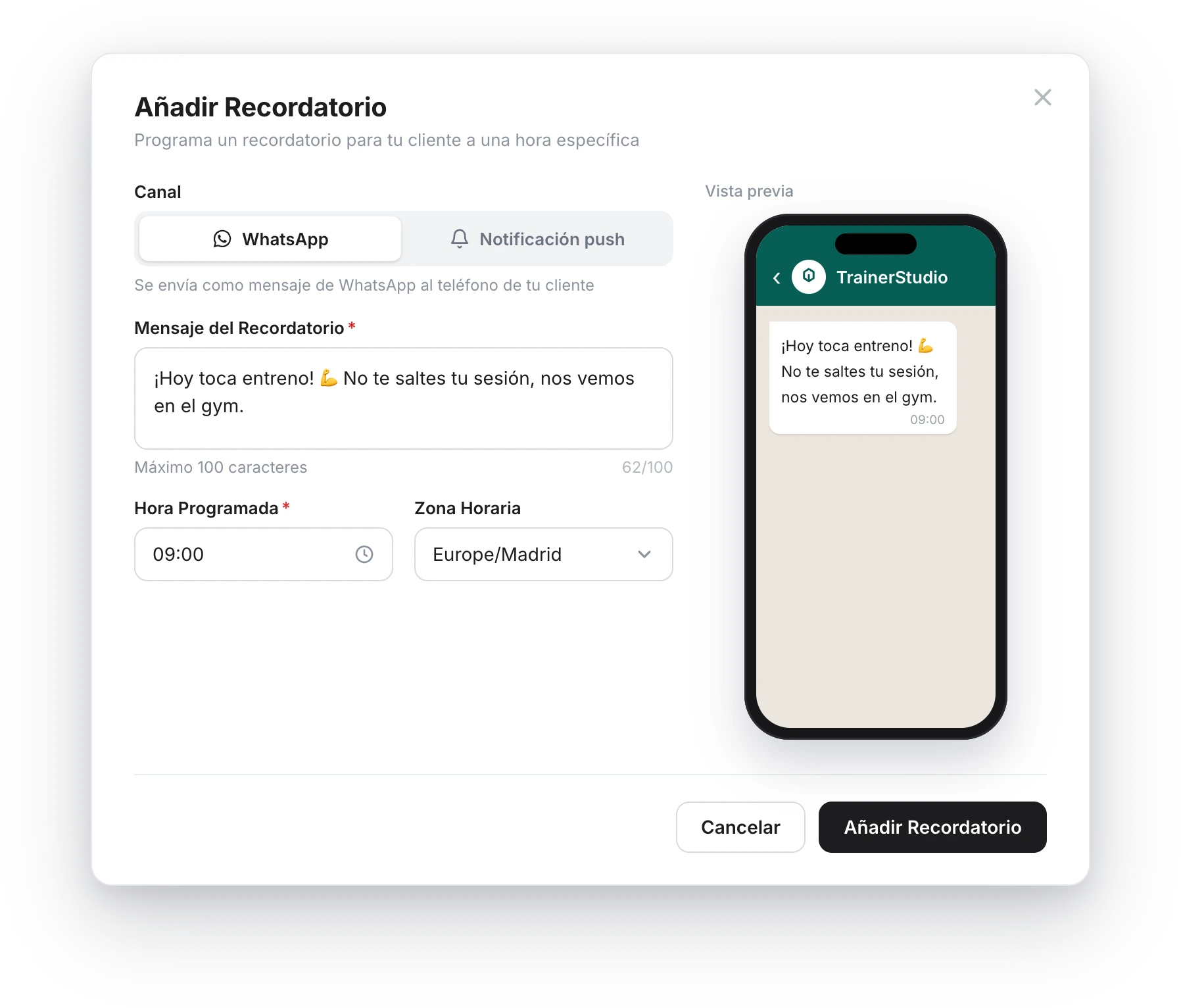 Cuadro «Añadir Recordatorio»: selector de canal WhatsApp, campo de mensaje, hora programada 09:00 y zona horaria, con una vista previa del WhatsApp a la derecha
