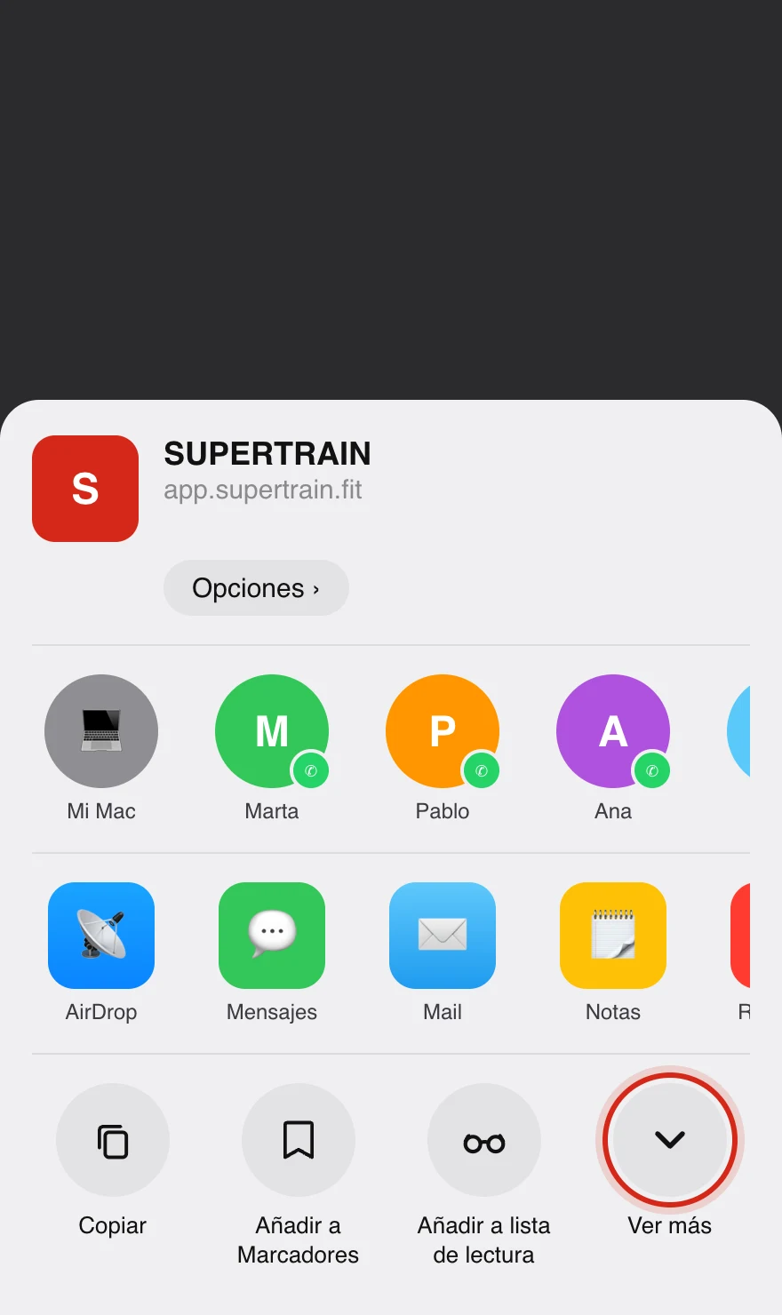 iPhone: pulsa Ver más en la hoja de compartir