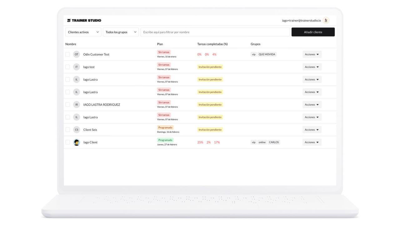 Panel de TrainerStudio, el software para entrenador personal